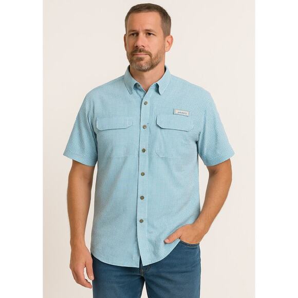 Habit Outdoors Other - Habit Mens Bahama Blue Check Fishing Shirt L Short Sleeve Vented UPF 40+ Outdoor